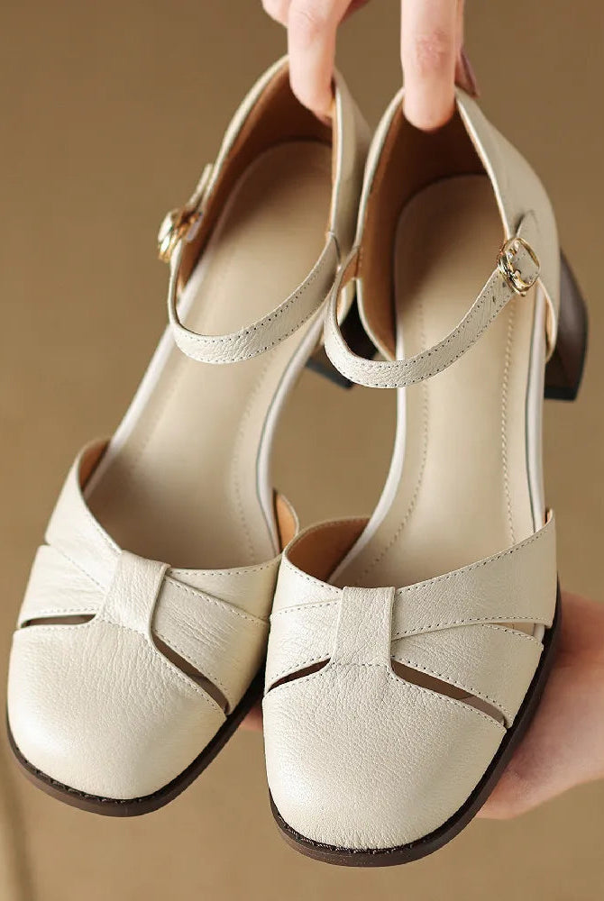 Leather-blend ankle strap heel with braided band across the foot, view 1