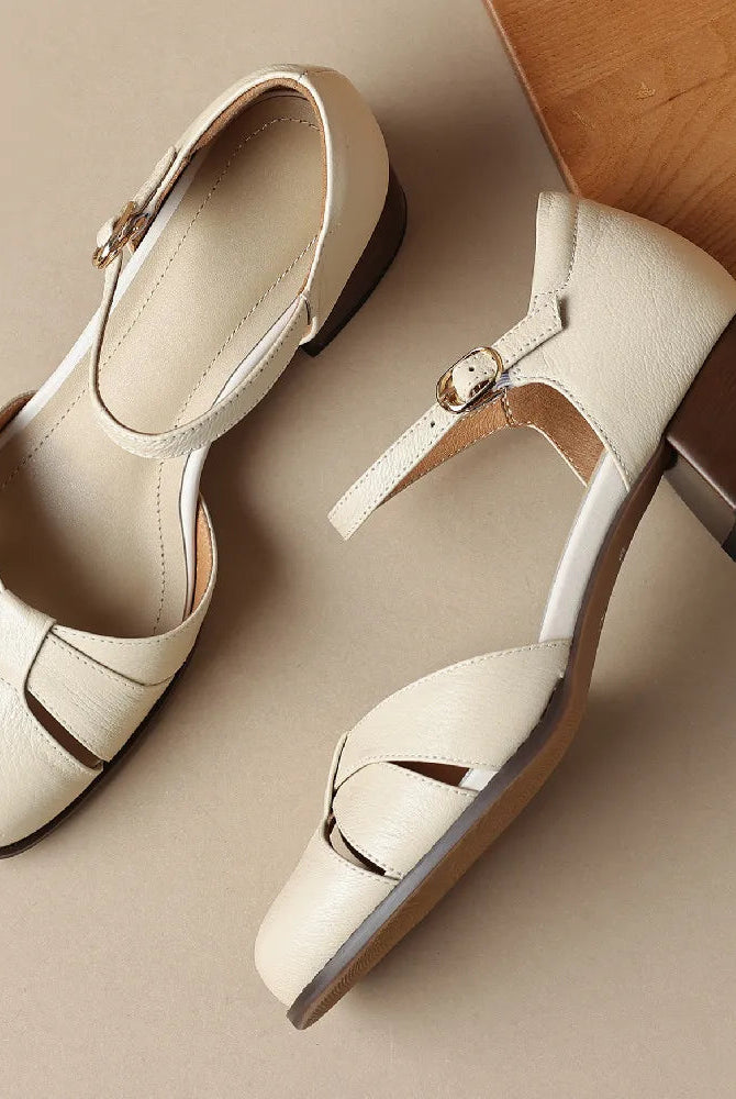Leather-blend ankle strap heel with braided band across the foot, view 2
