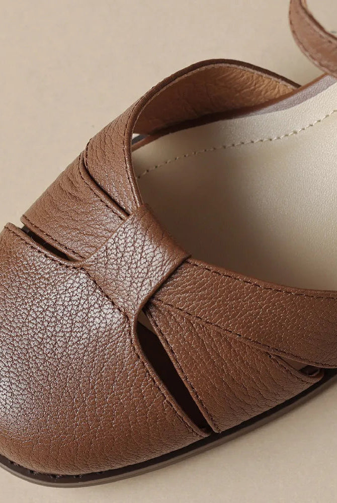 Leather-blend ankle strap heel on a mid heel with round toe, view 3