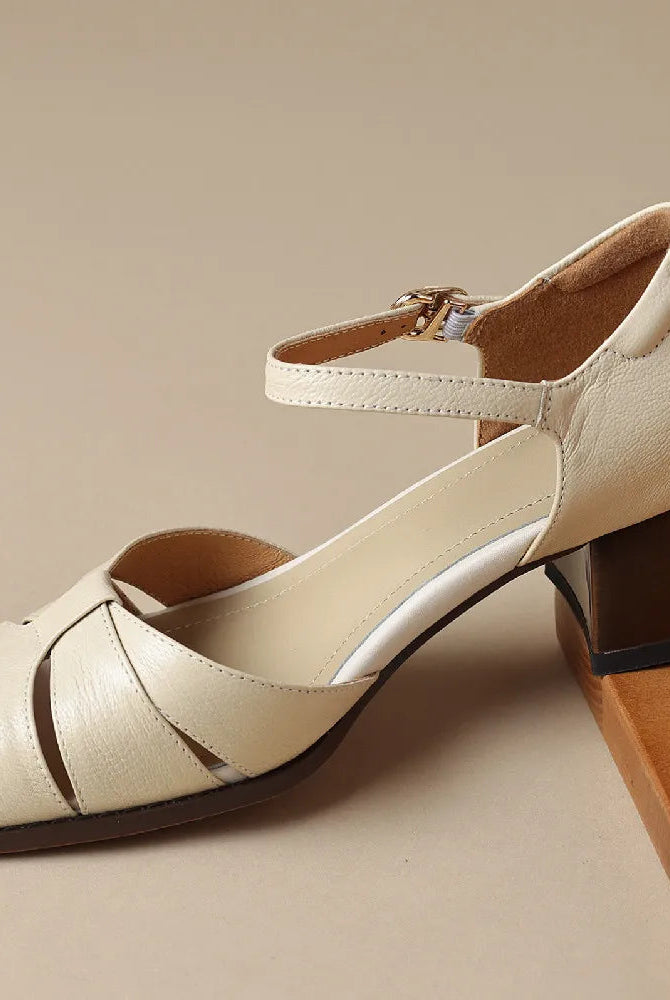Leather-blend ankle strap heel with braided band and mid heel, view 8