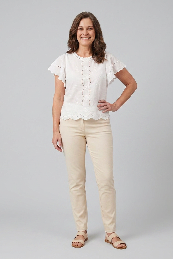 White broderie blouse with flutter sleeves, front view
