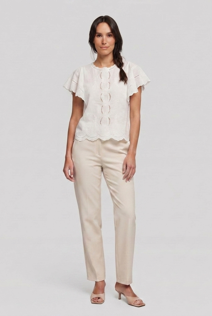 White broderie blouse with flutter sleeves, front pose