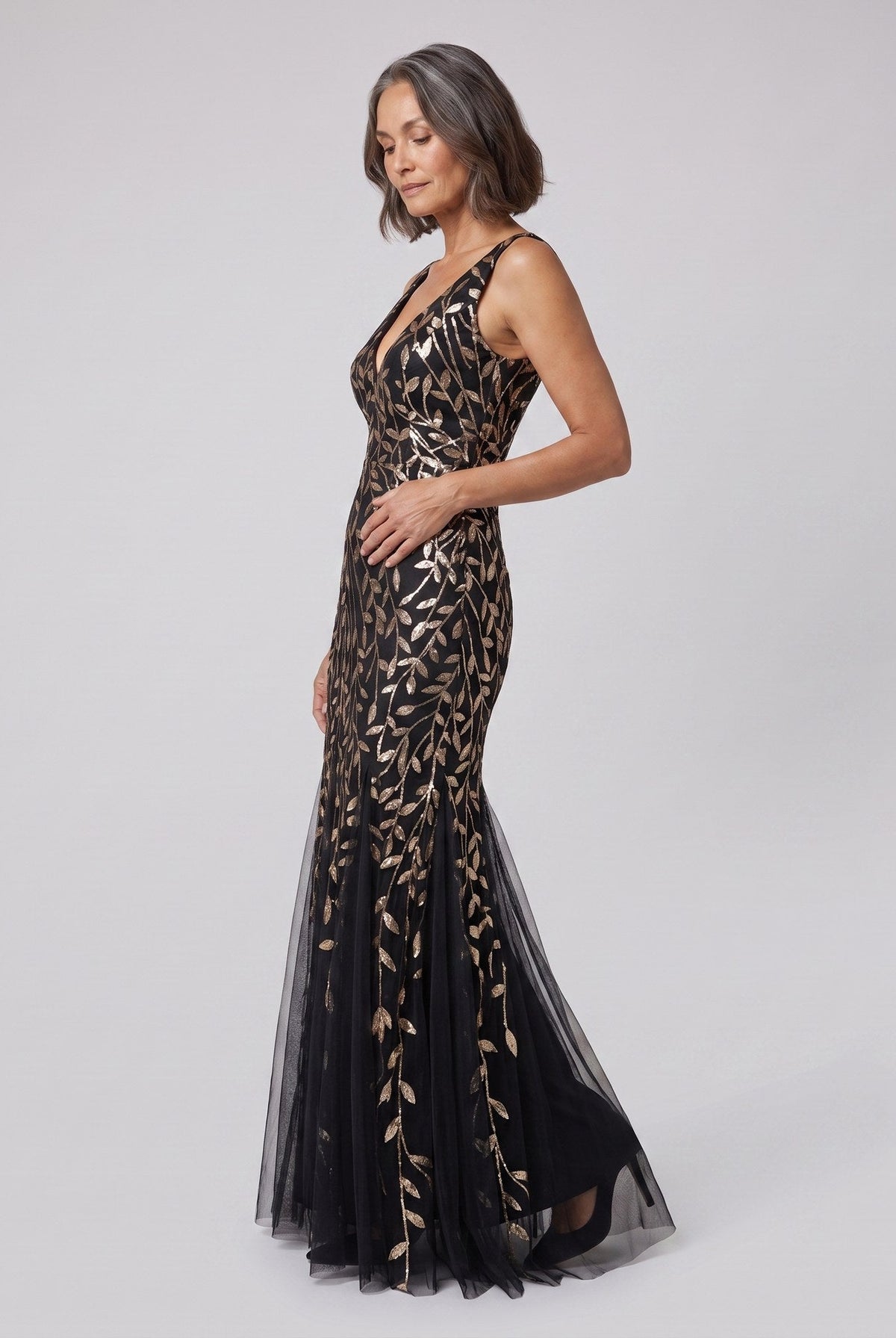 Sequin fishtail evening gown with a double V-neck, view 4