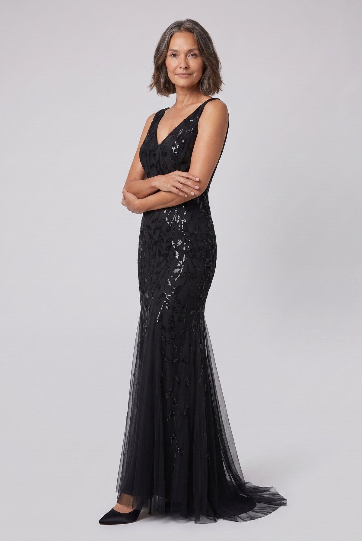 Sequin fishtail evening gown with a double V-neck, view 5