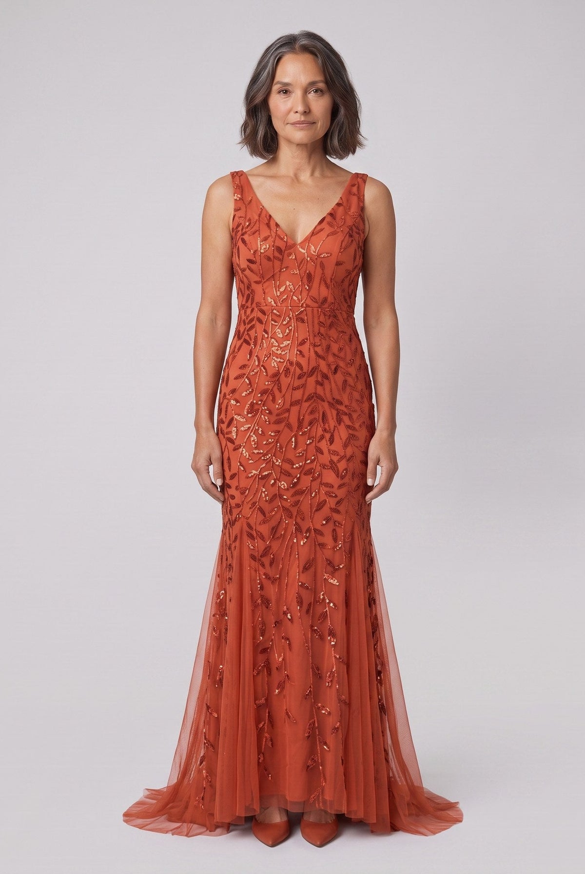 Sequin fishtail evening gown with a double V-neck, view 7