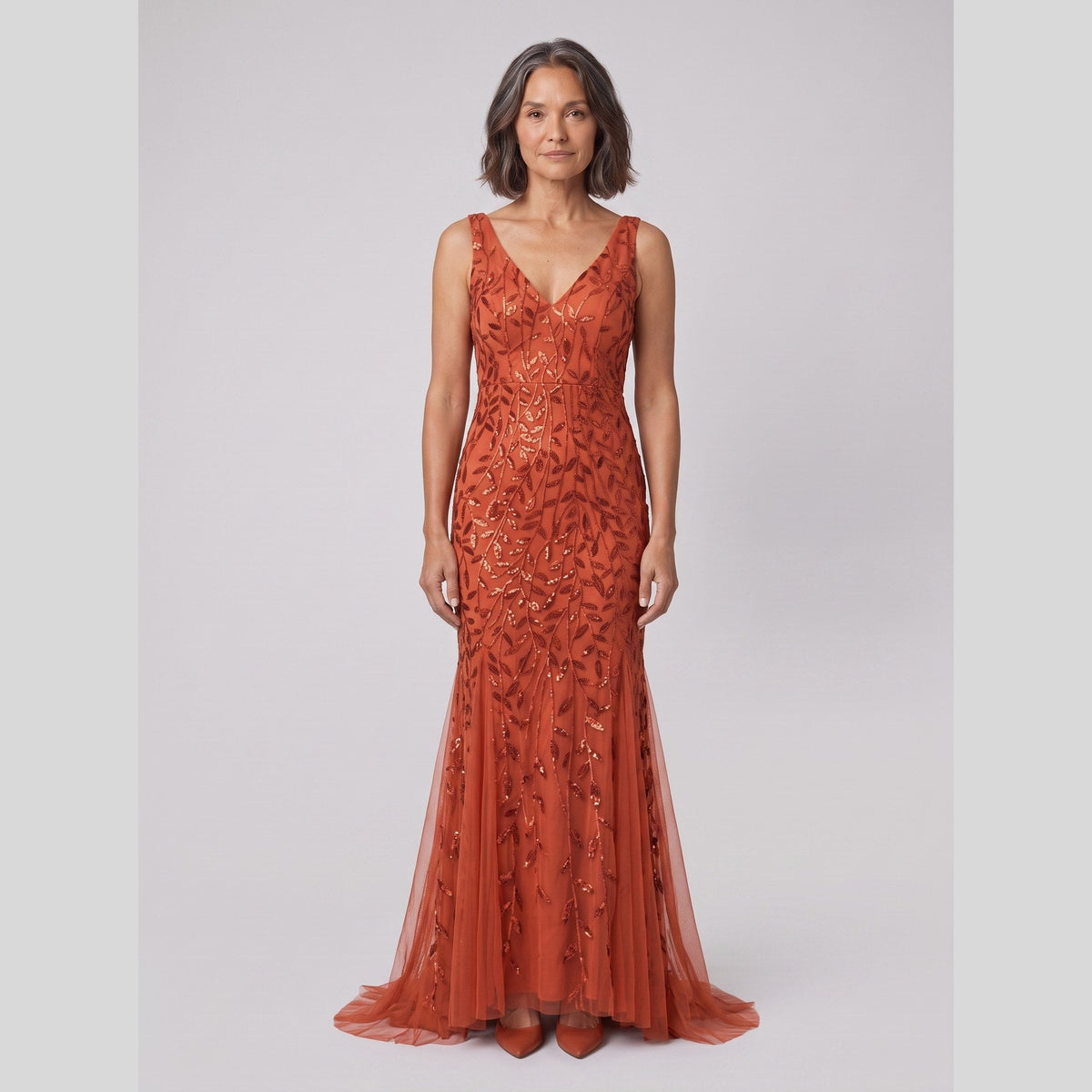 Sequin fishtail evening gown with a double V-neck, view 7