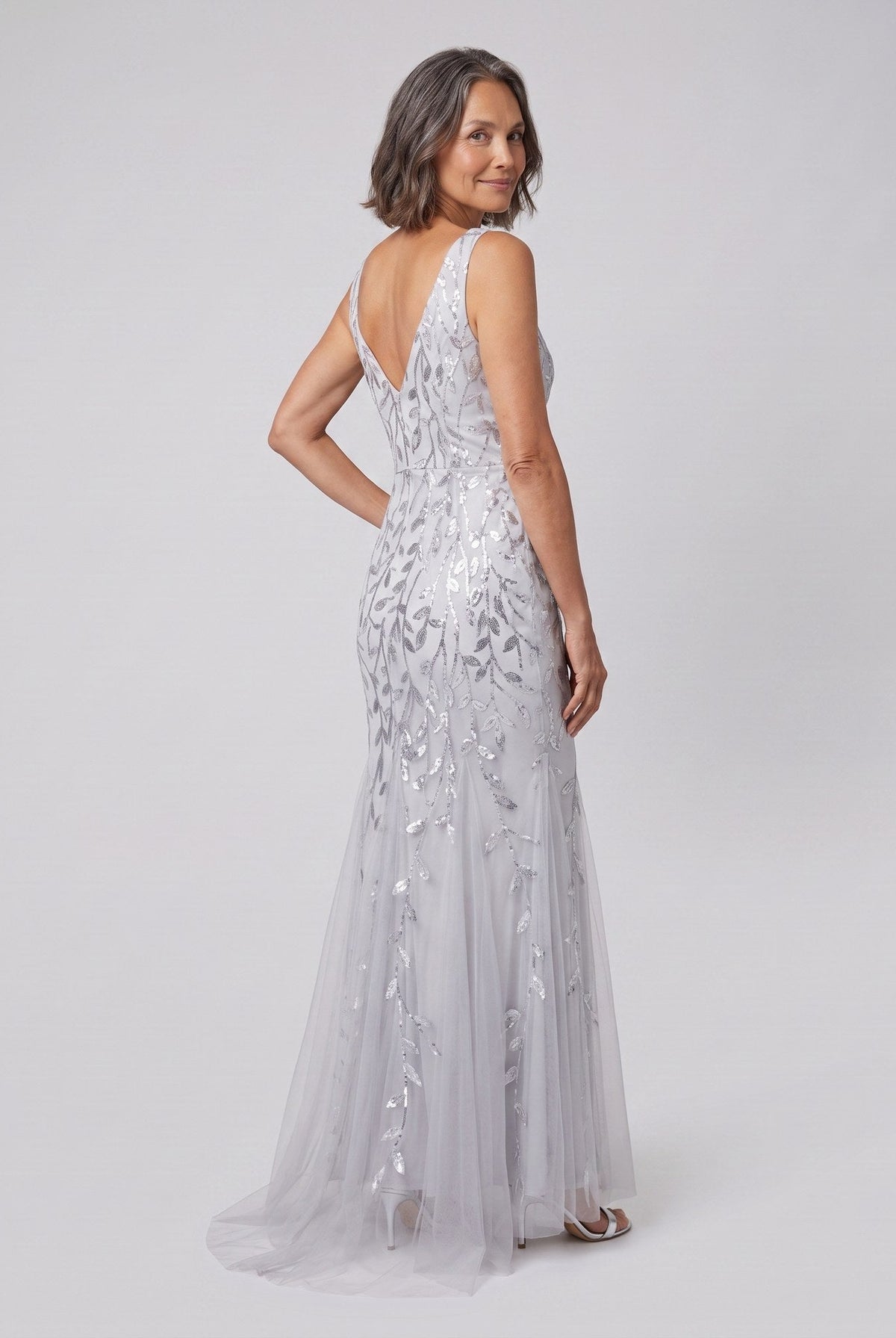 Sequin fishtail evening gown with a double V-neck, view 9