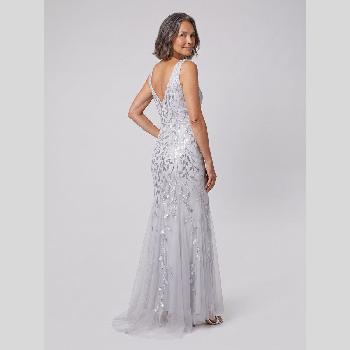 Sequin fishtail evening gown with a double V-neck, view 9