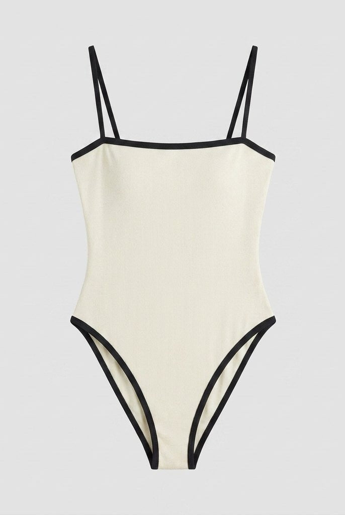 Swimming costume showing the contrast trim along the leg, view 3