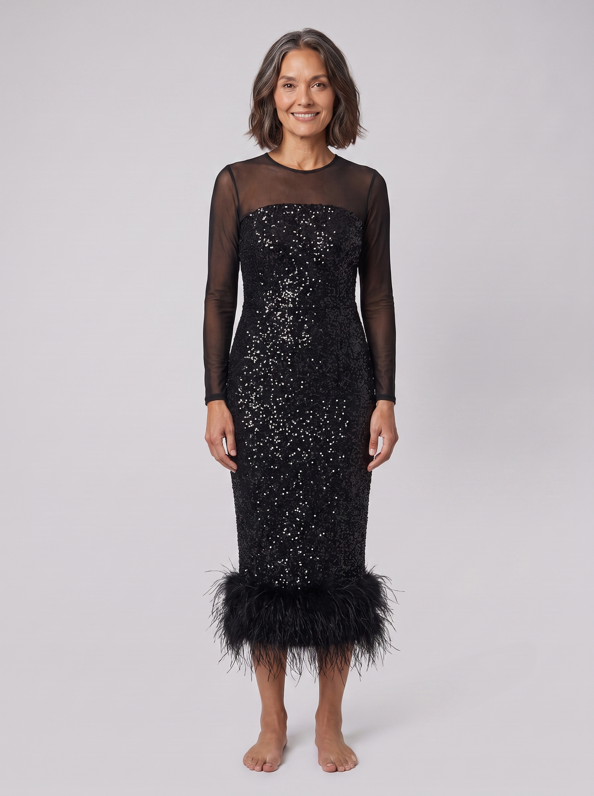 Sequin embellished midi dress with a feather hem, view 1