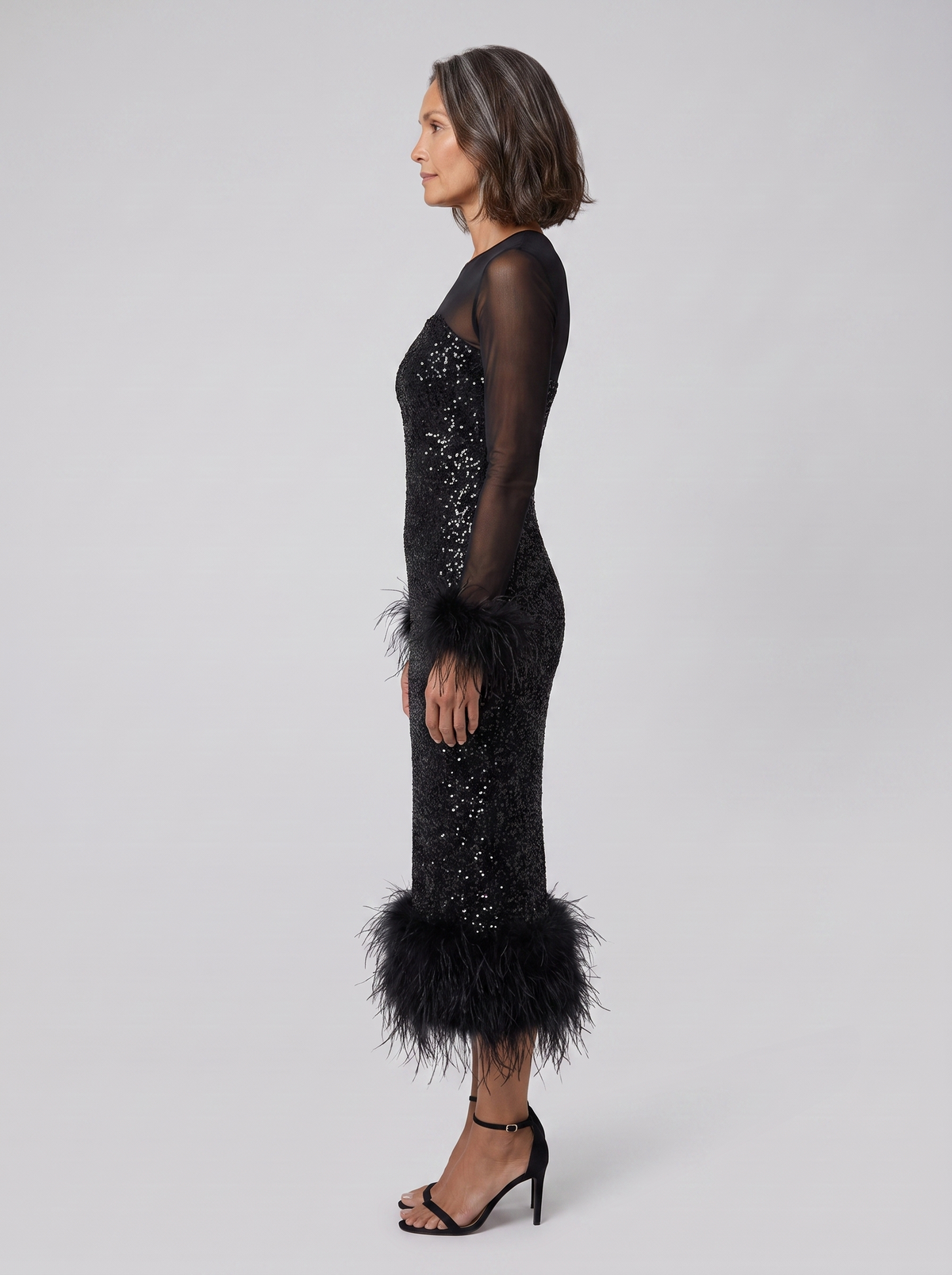 Sequin embellished midi dress with a feather hem, view 3