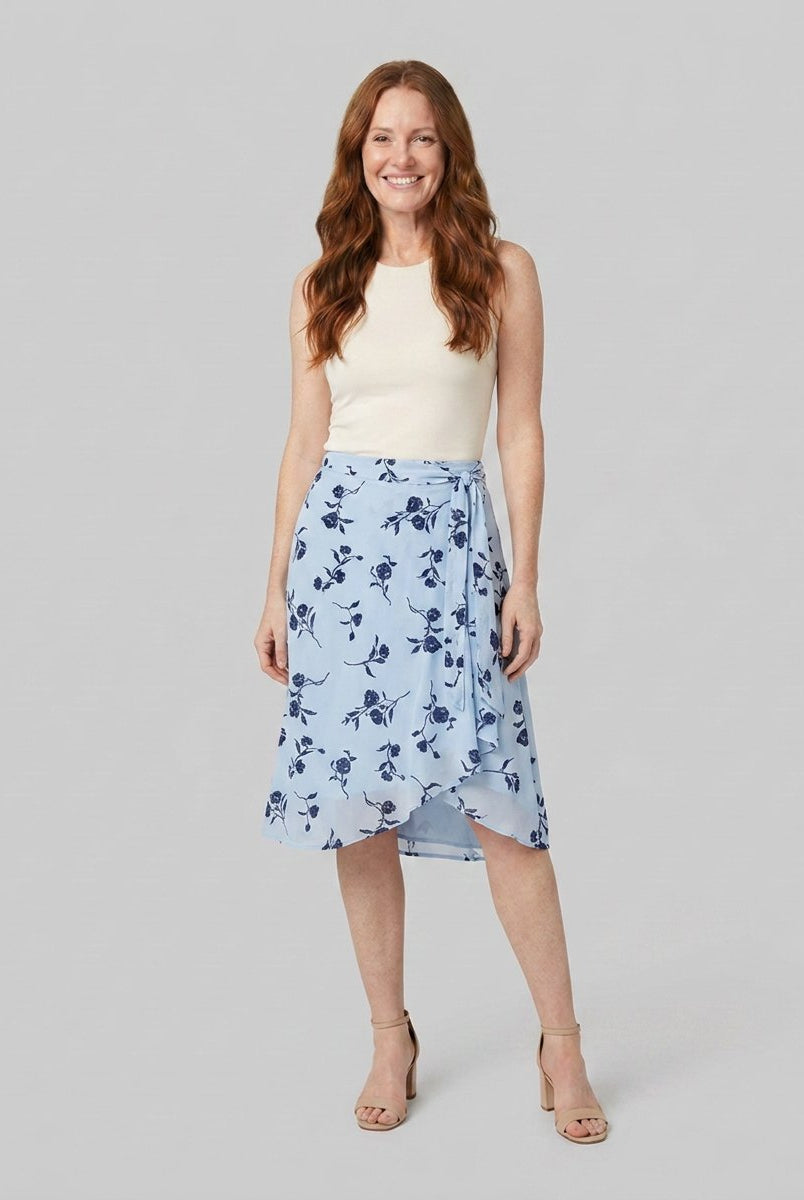 Blue floral wrap midi skirt, view 1