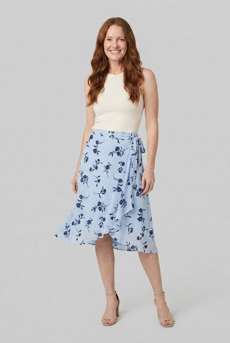 Wrap style midi skirt in a blue floral print, view 2
