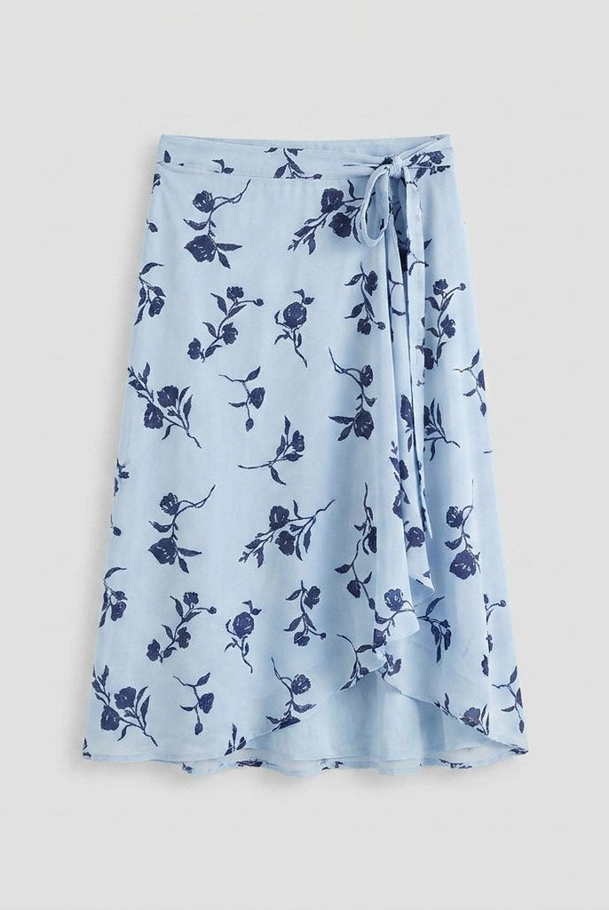 Blue floral wrap skirt falling to mid-calf, view 5