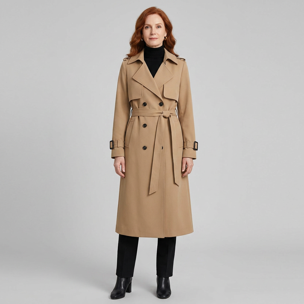 Double breasted maxi trench coat with a belted waist, view 1