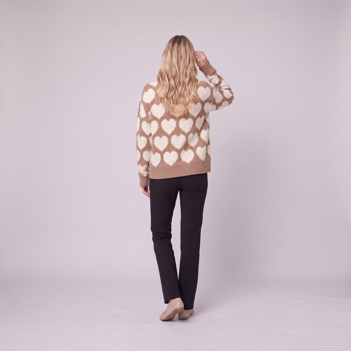 Damaris heart jacquard sweater in mocha and cream, back view showing the heart pattern