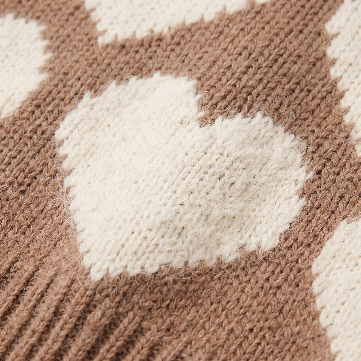 Damaris heart sweater, close-up of the mocha knit with a fuzzy cream heart