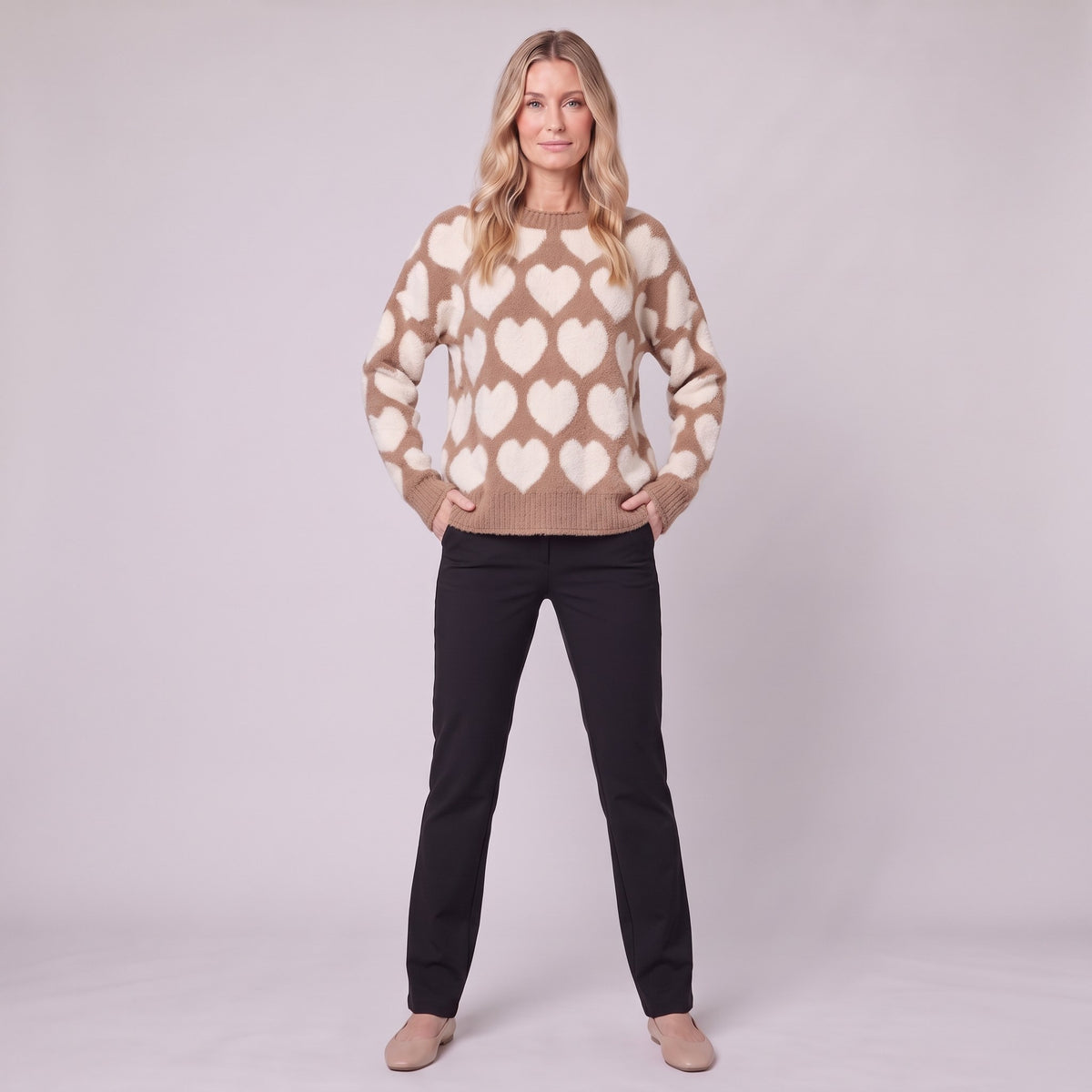 Damaris heart jacquard sweater in mocha and cream, full front view on model