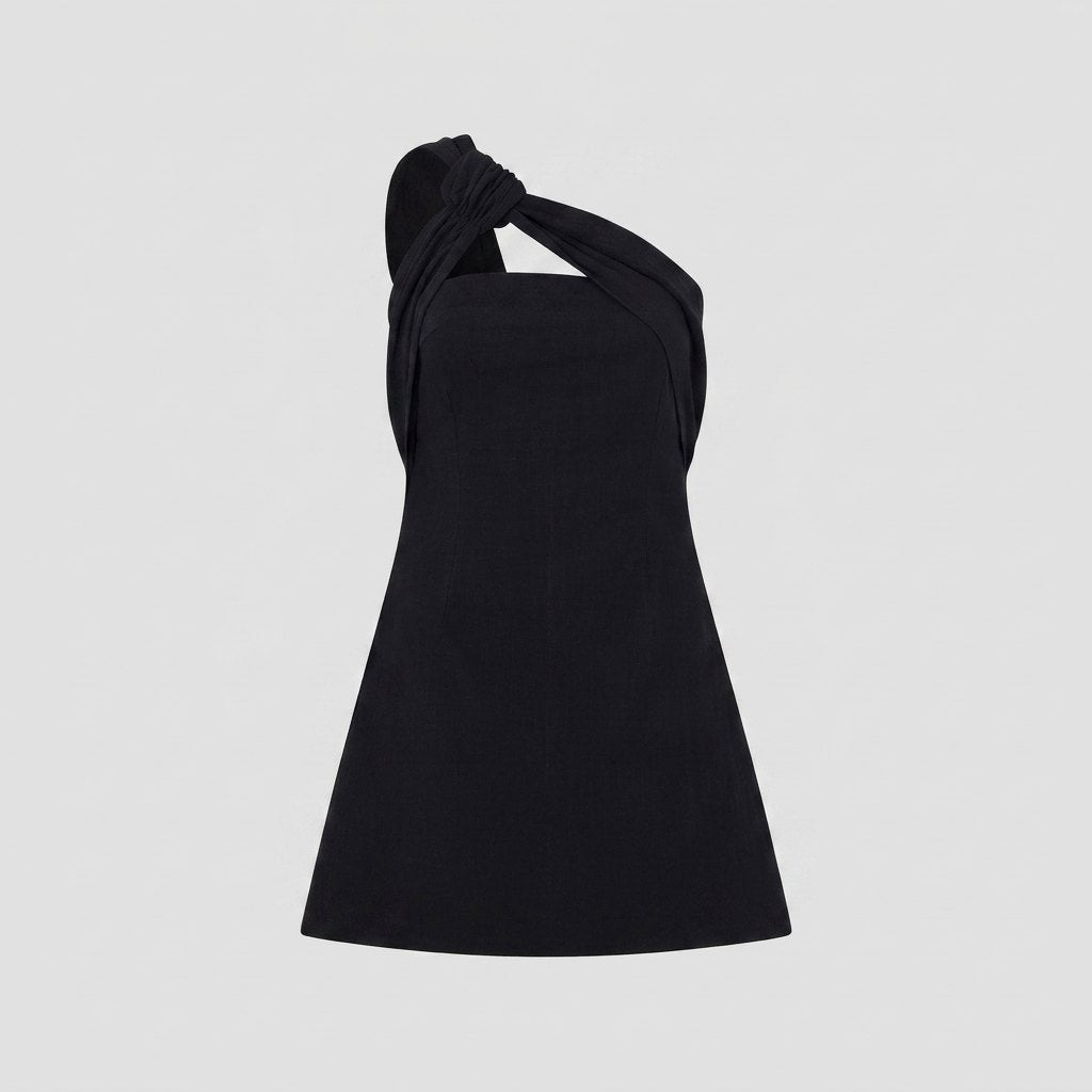 Diora Black Dress | Fitted Cotton, Single Shoulder Strap 4