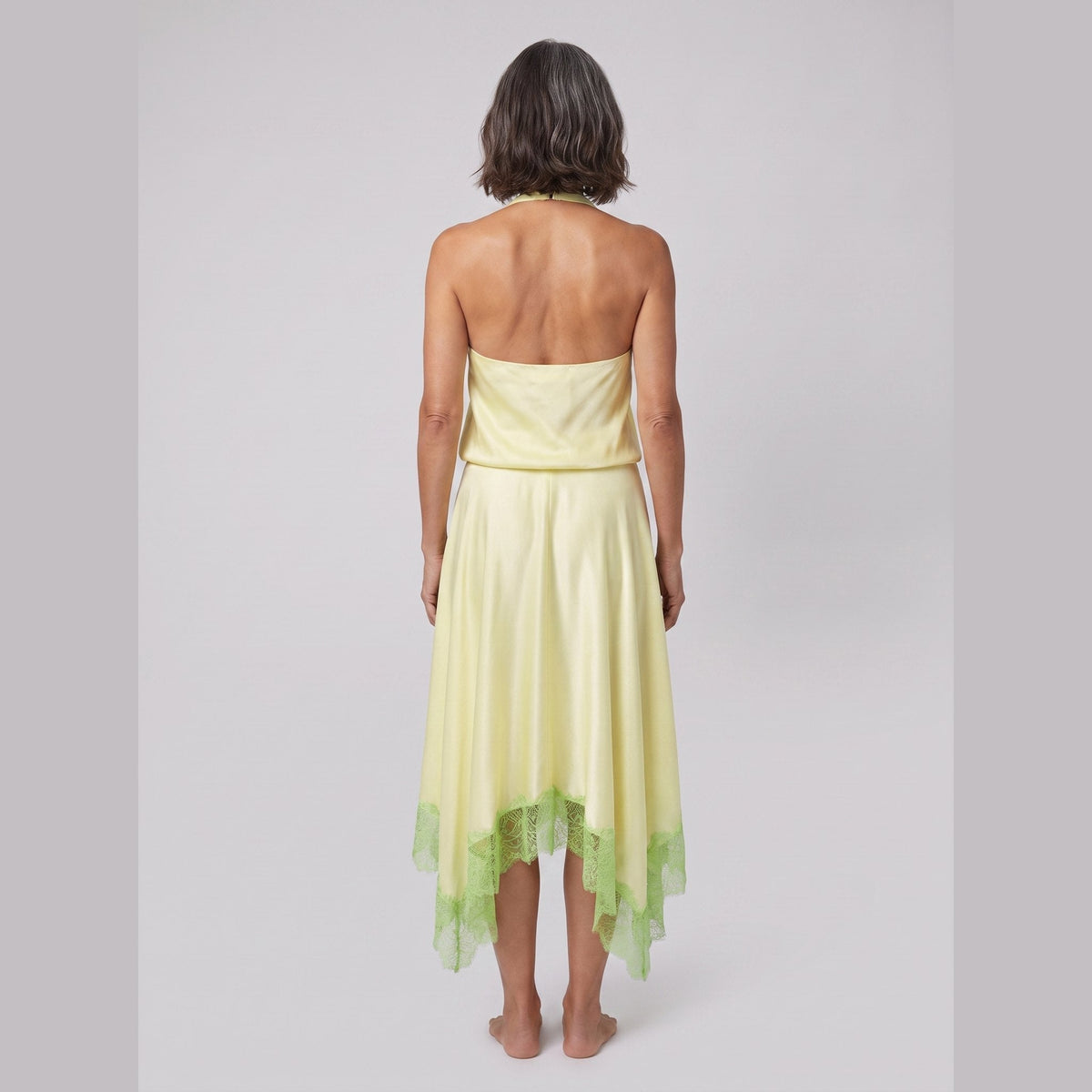 Silk-blend evening gown in key lime, view 4