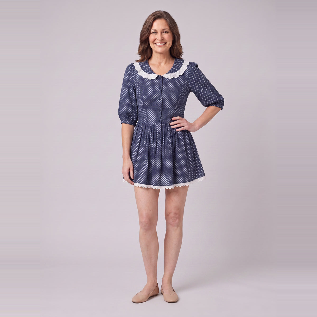 Ellery navy mini dress with lace collar, standing view