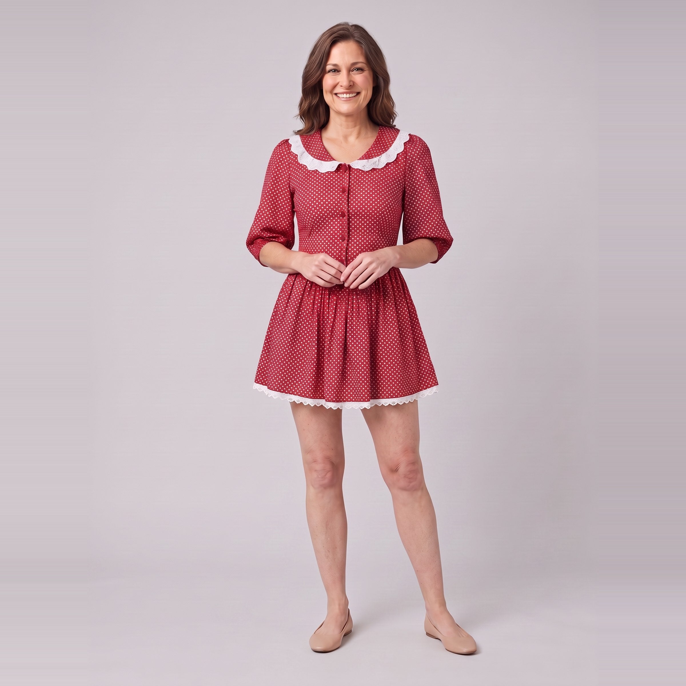 Ellery mini dress in red with a white lace collar, front view