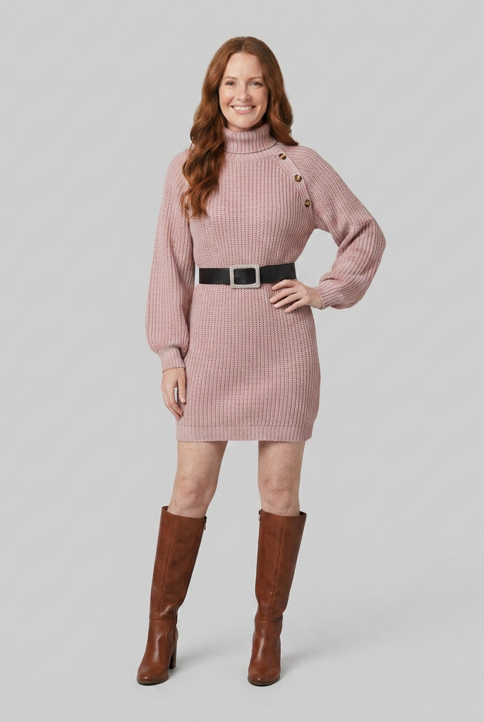 Turtleneck knit dress with an A-line skirt, view 2