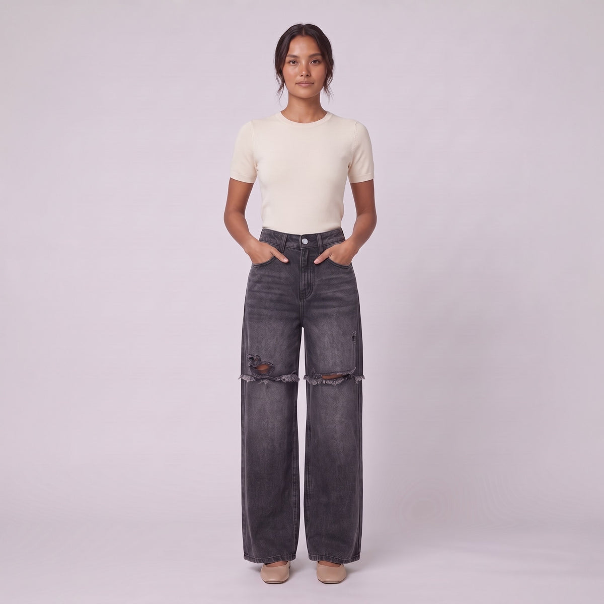 Enid baggy jeans in washed black, full-length view with hands in pockets