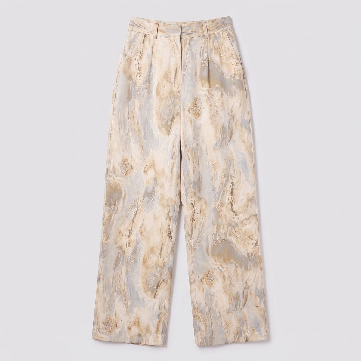 Evadne printed wide leg trousers flat lay, full garment on light grey
