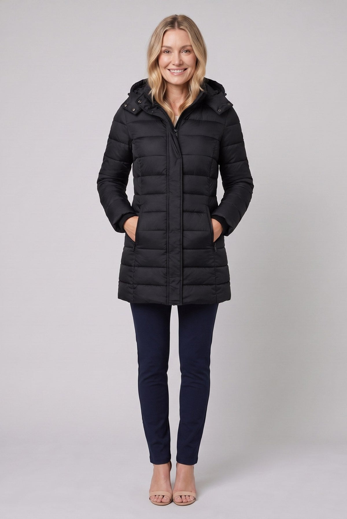 Black lightweight hooded puffer jacket, view 1