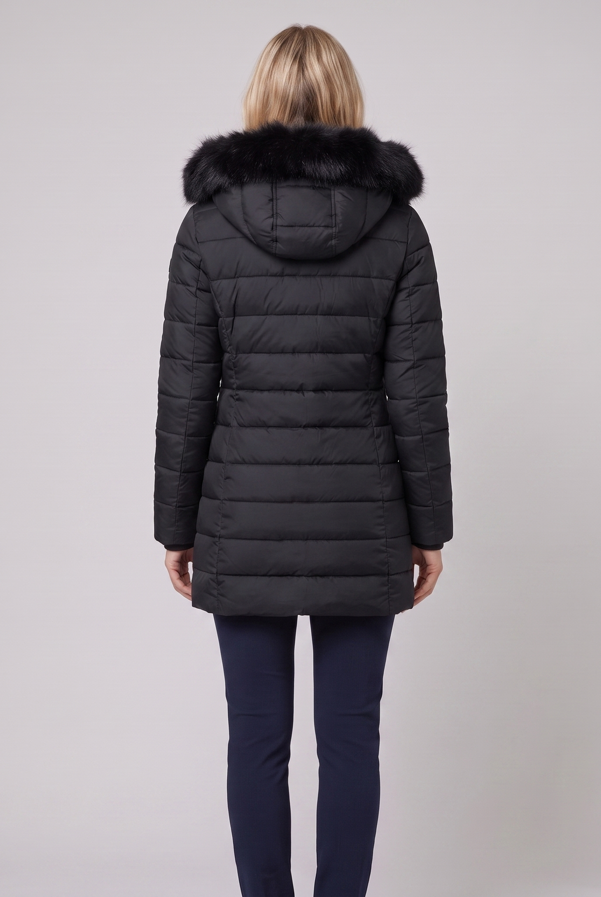 Black lightweight hooded puffer jacket, back view