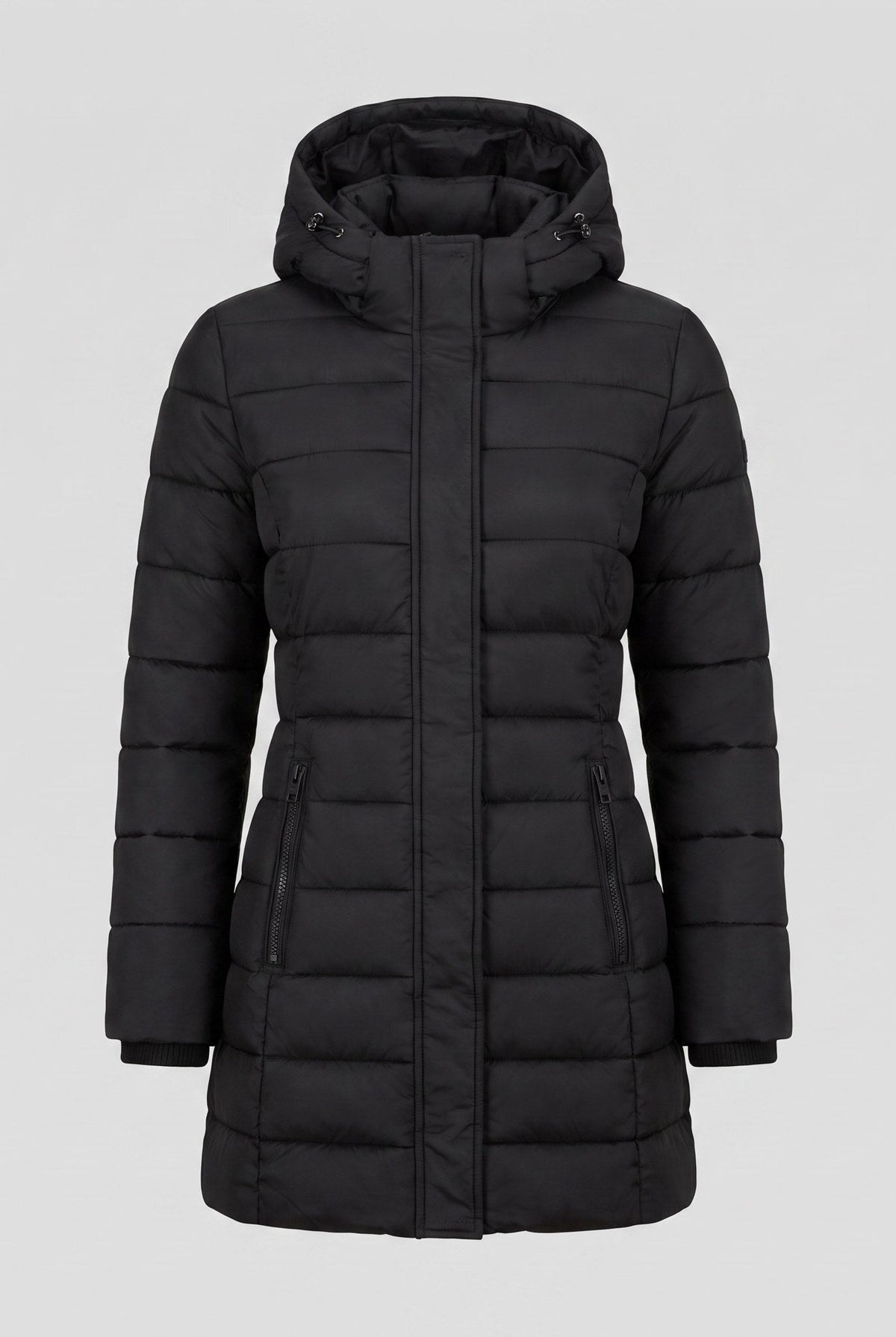 Black puffer jacket with a down-blend fill, flat lay