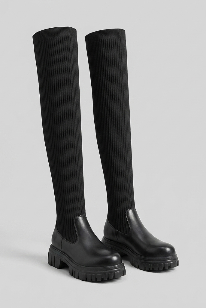 Knee high boots in vegan leather with a ribbed shaft, view 1