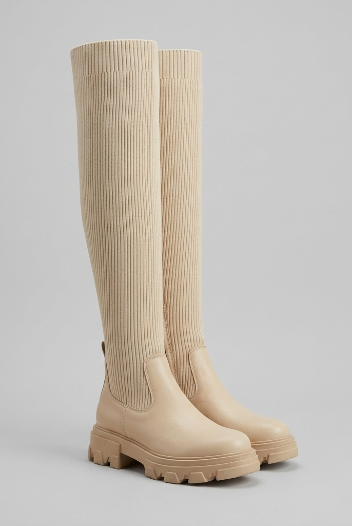 Ribbed shaft knee high boots in vegan leather, view 7