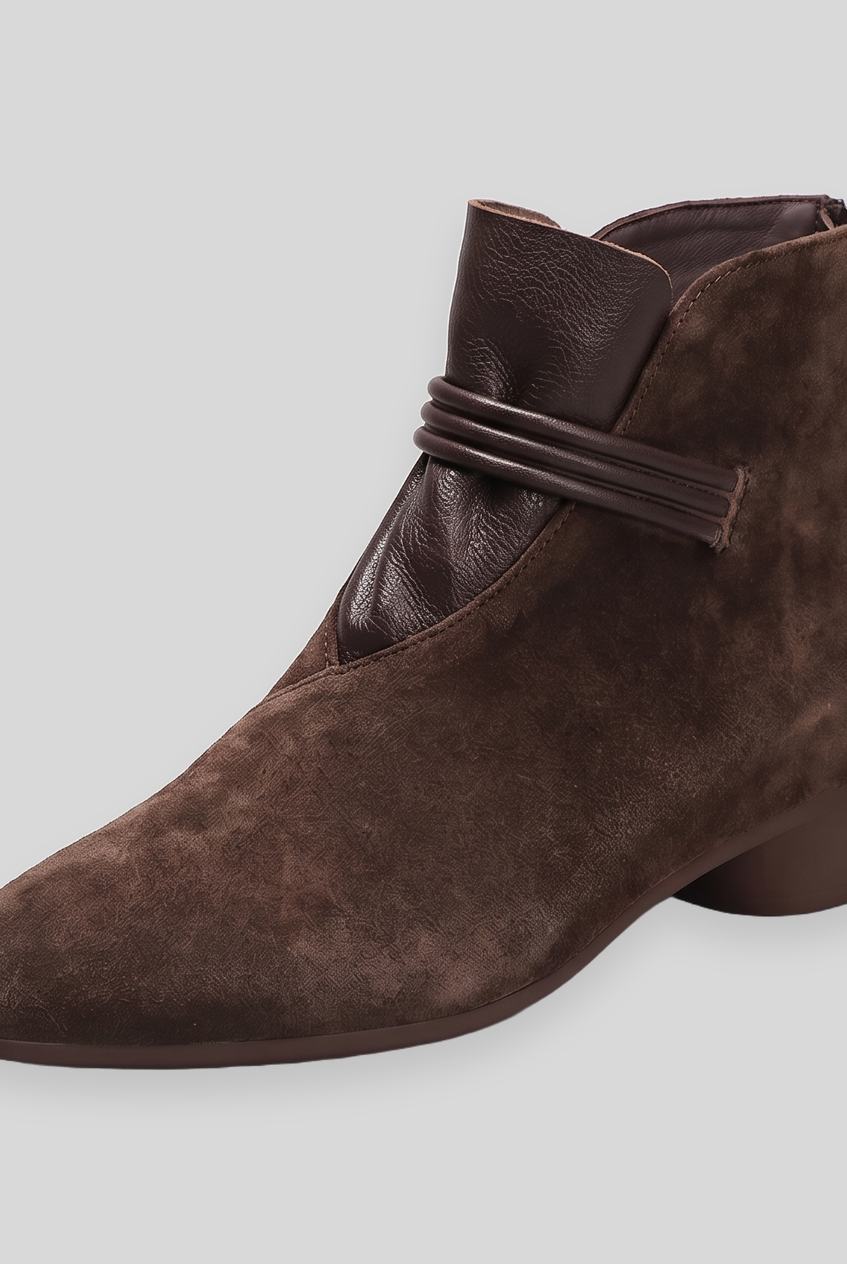 Coffee brown ankle boot with a round toe and low heel in a suede-touch finish, view 1