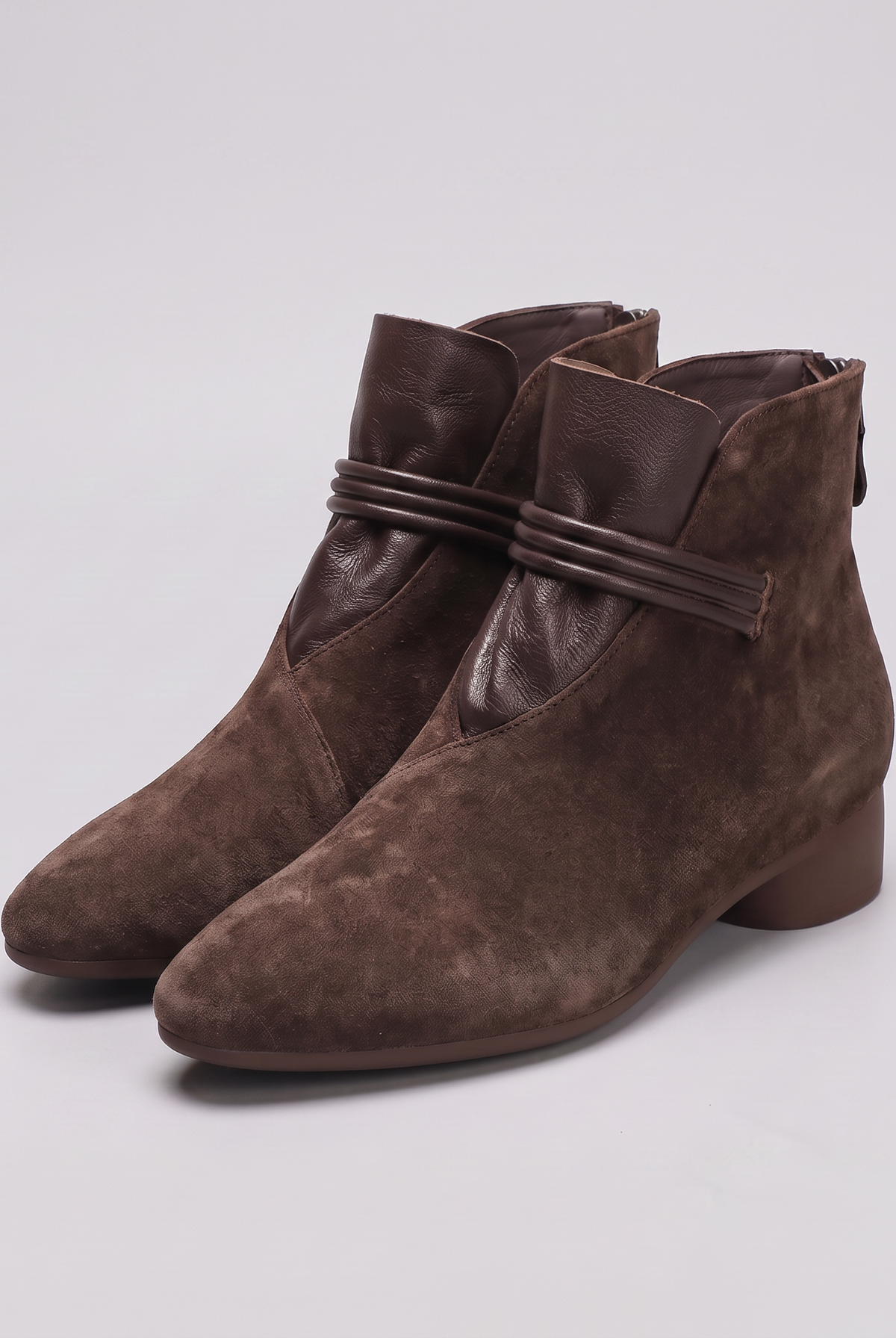Dark brown ankle boot with a buckle strap and round toe, view 5