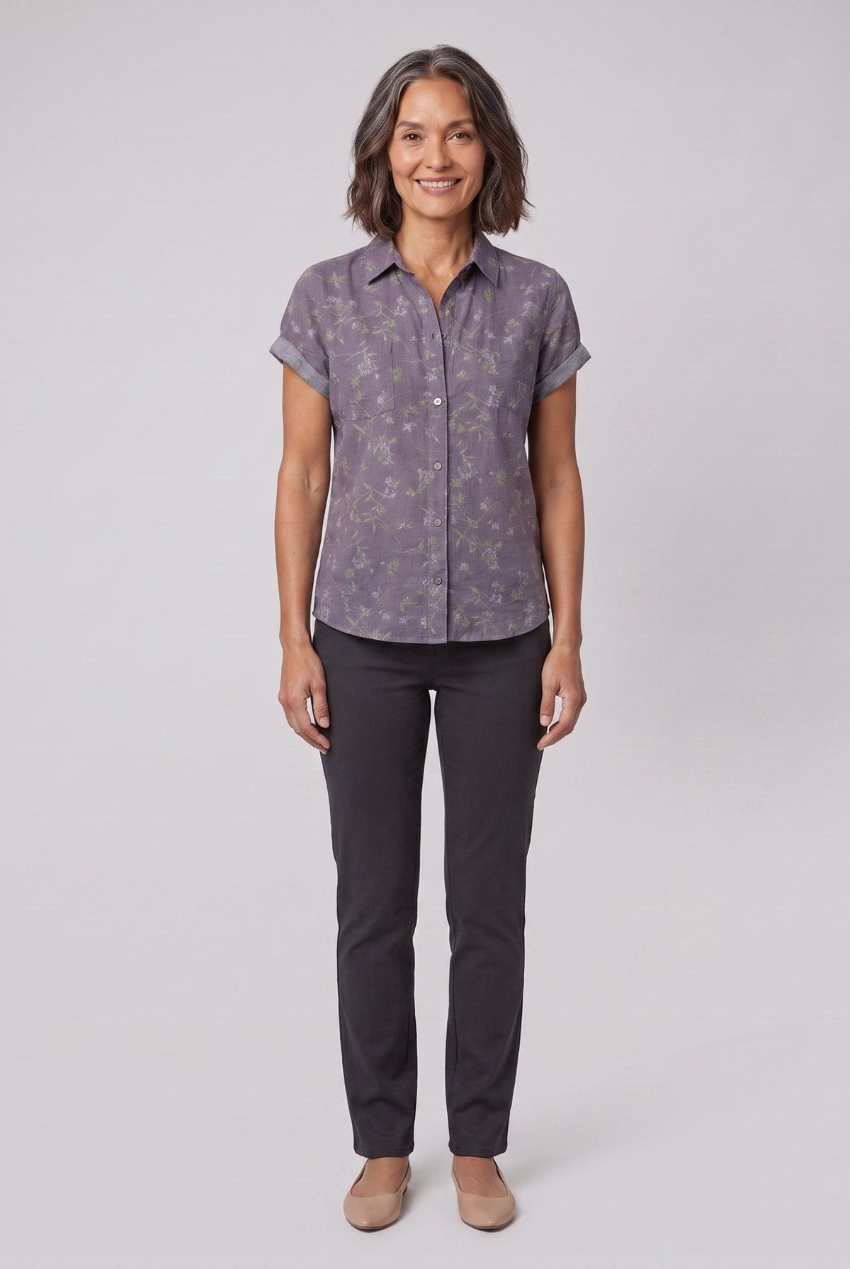 Lightweight blouse in purple with a floral print, view 1