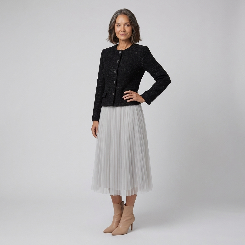 Tweed suit jacket over a tulle midi skirt in black and grey, view 2