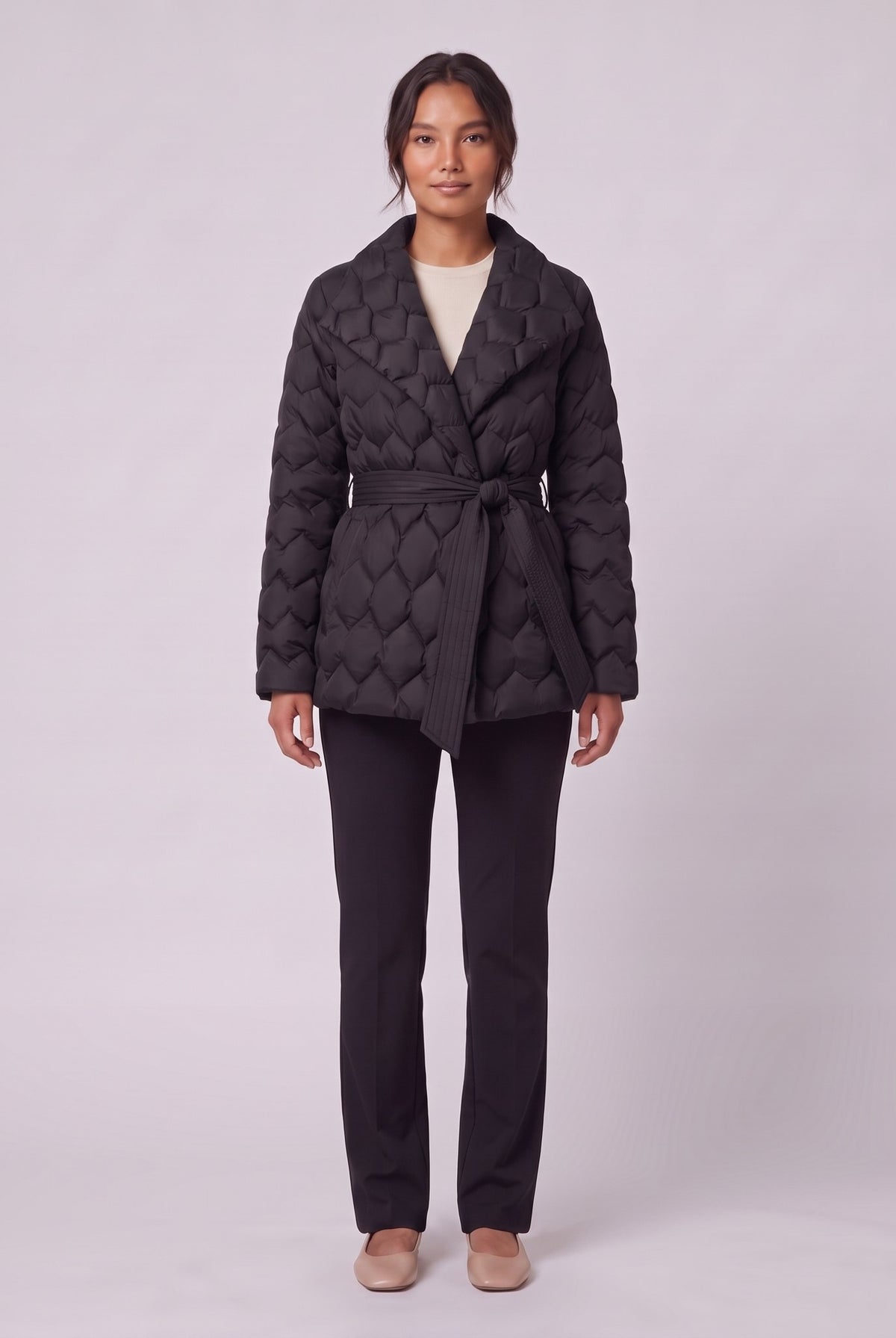 Ghislaine quilted belted jacket in black with shawl collar, front view on model