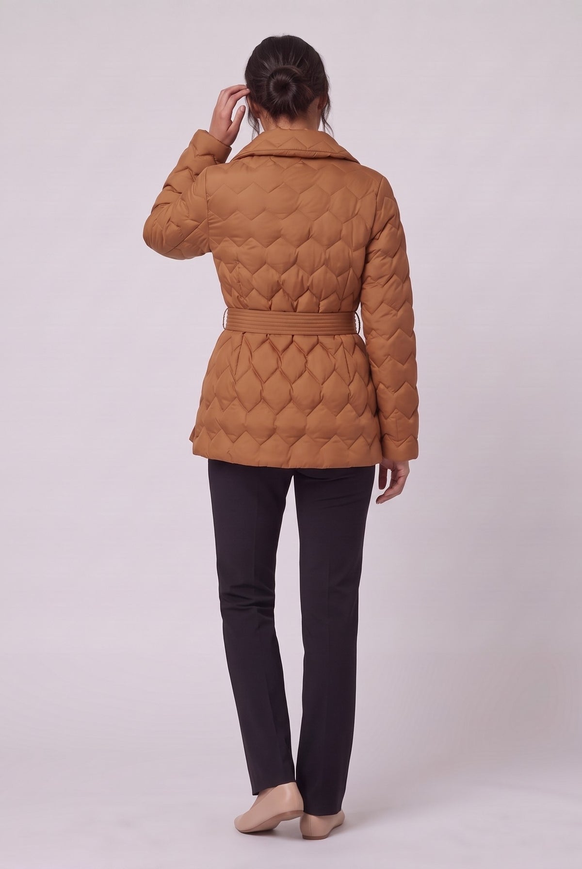 Ghislaine quilted belted jacket in caramel, back view showing the quilting