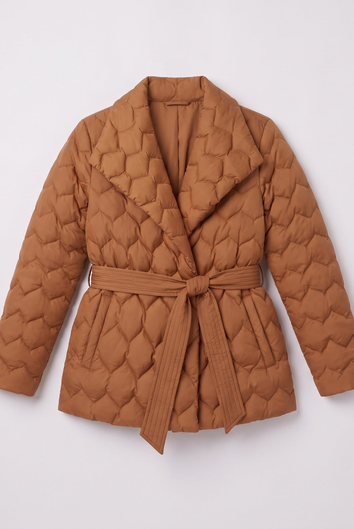Ghislaine quilted belted jacket in caramel, flat lay with the self-tie belt