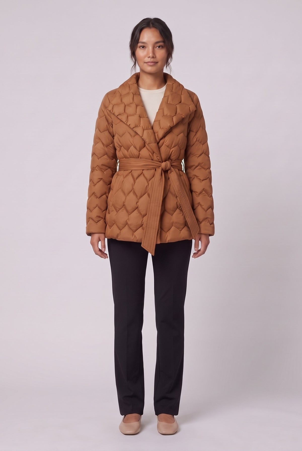 Ghislaine quilted belted jacket in caramel with shawl collar, front view on model