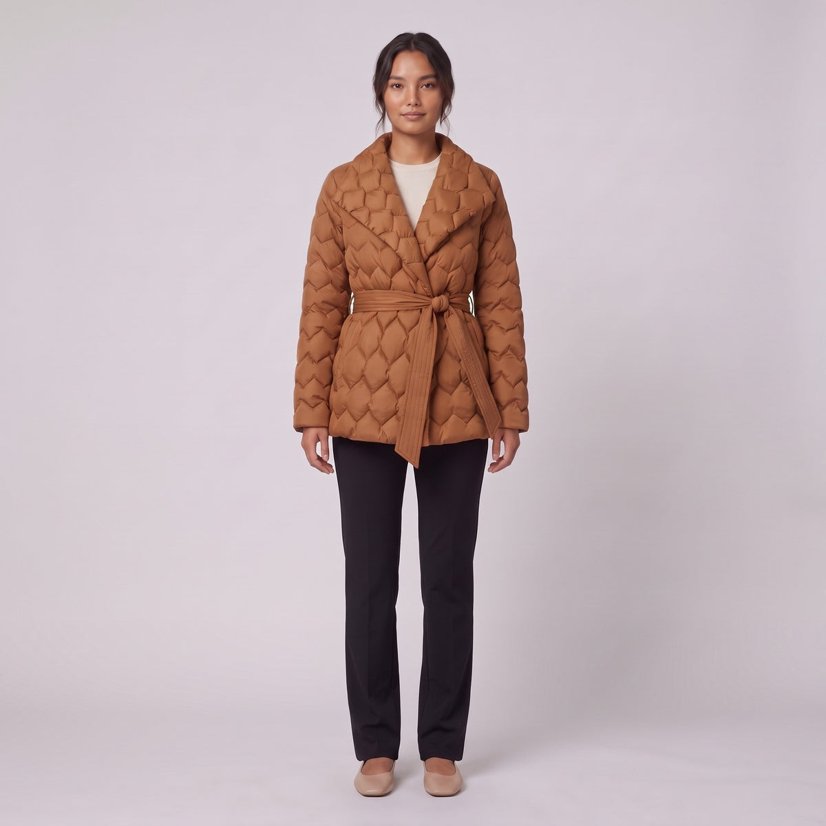 Ghislaine quilted belted jacket in caramel with shawl collar, front view on model