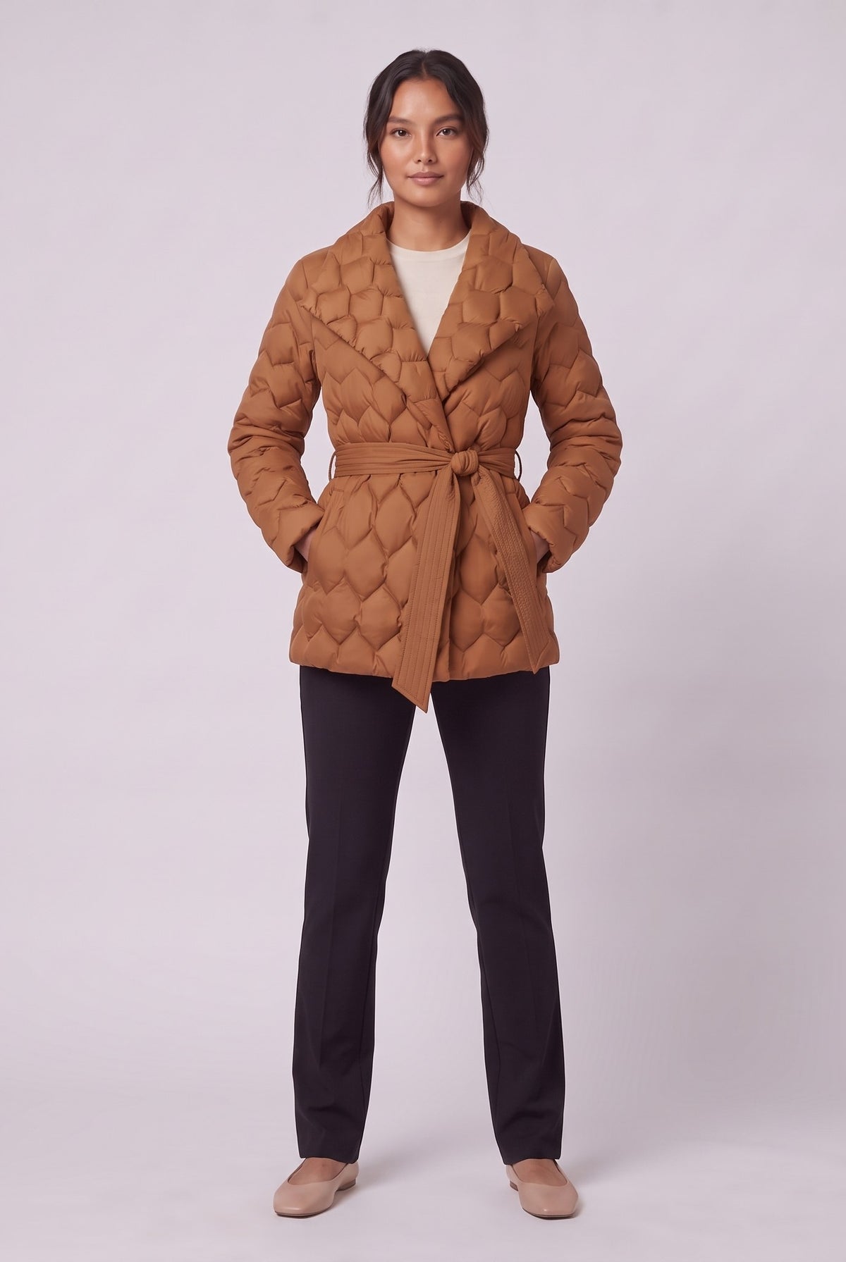 Ghislaine quilted belted jacket in caramel, full front view on model