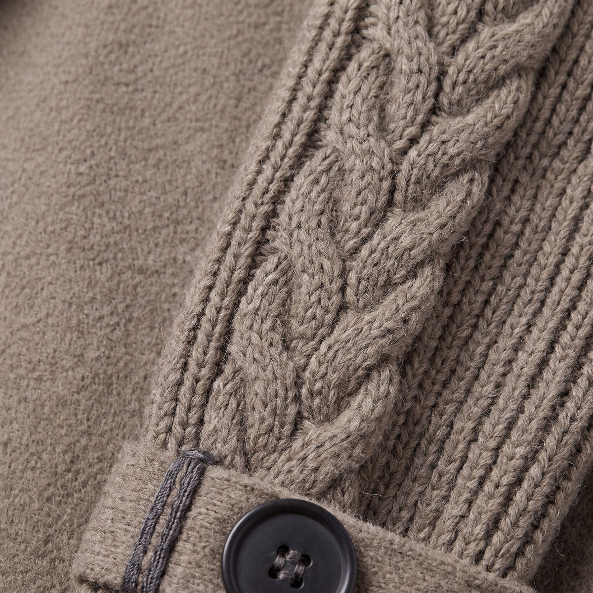 Gwenneth knit coat, close-up of the taupe cable knit and button detail