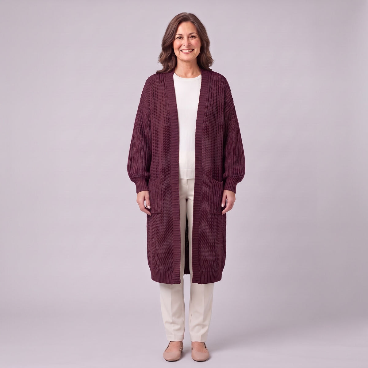 Halla longline chunky rib cardigan in dark red burgundy, front view on model