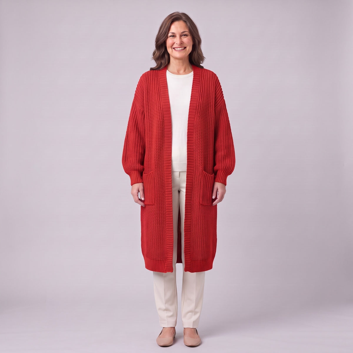 Halla longline chunky rib cardigan in red, front view on model