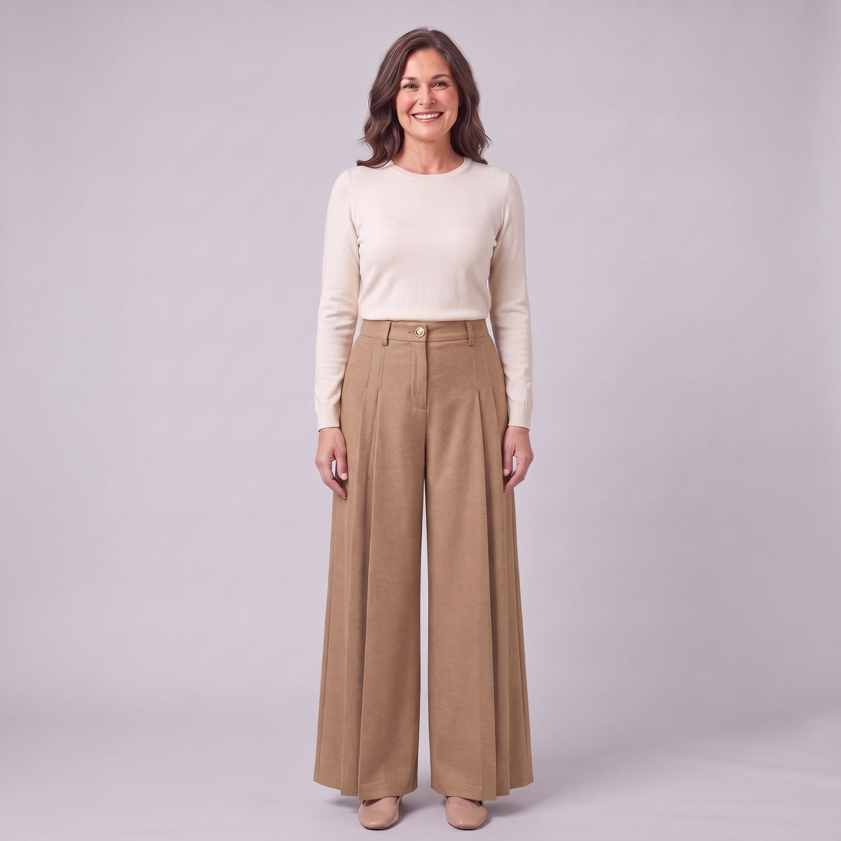 Hesper pleated wide leg trousers in camel beige, front view on model