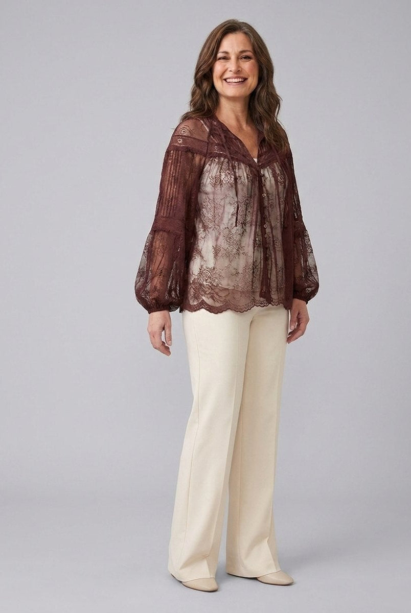 Sheer lace blouse with balloon sleeves and a scalloped hem, view 2