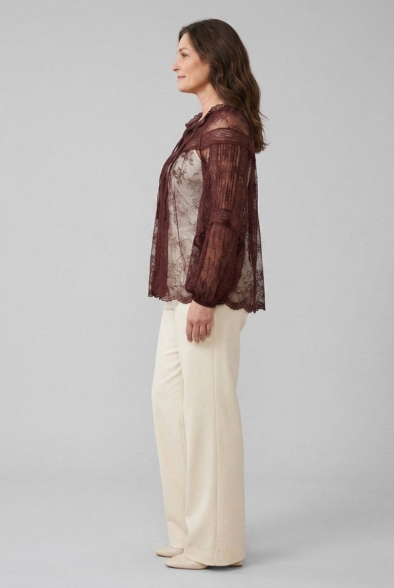 Sheer lace blouse with balloon sleeves and a scalloped hem, view 3